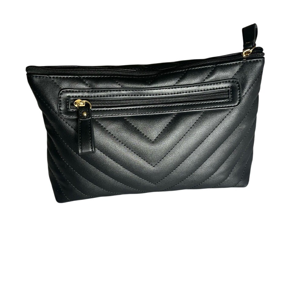 Black Chevron Quilted Faux Leather Makeup Bag Clutch Gold Zip Travel Pouch